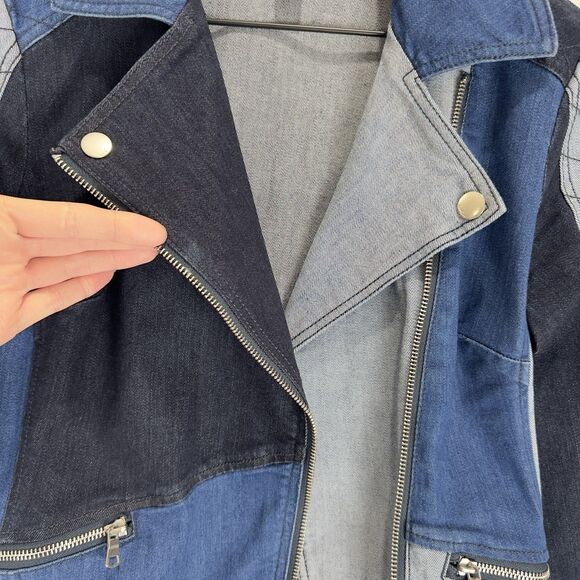 Denim Patchwork Moto Jacket Womens XS Blue Moto Festival‎ Y2K Western Cowgirl - Picture 15 of 16